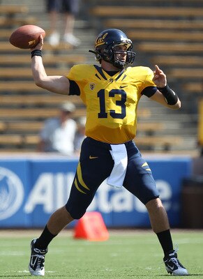 BERKELEY, CA - OCTOBER 09:  Kevin Riley #13 of the California Golden Bears passes against the UCLA Bruins at California Memorial Stadium on October 9, 2010 in Berkeley, California.  (Photo by Jed Jacobsohn/Getty Images)