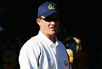 BERKELEY, CA - NOVEMBER 20:  Head coach Jeff Tedford looks on before the California Golden Bears take on the Stanford Cardinals at Memorial Stadium on November 20, 2004 in Berkeley, California.  (Photo by Jed Jacobsohn/Getty Images)