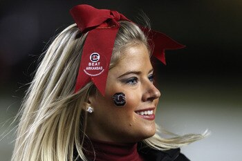 COLUMBIA, SC - NOVEMBER 06:  A cheerleader watches on during the Arkansas Razorbacks versus South Carolina Gamecocks at Williams-Brice Stadium on November 6, 2010 in Columbia, South Carolina.  (Photo by Streeter Lecka/Getty Images)