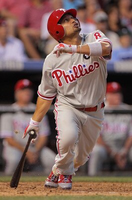 DENVER, CO - AUGUST 01:  Shane Victorino #8 of the Philadelphia Phillies takes an at bat against the Colorado Rockies at Coors Field on August 1, 2011 in Denver, Colorado.  (Photo by Doug Pensinger/Getty Images)