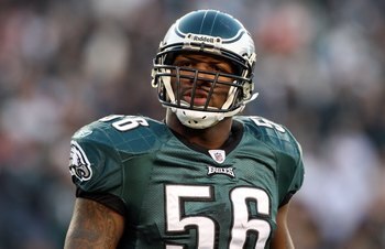 PHILADELPHIA - DECEMBER 27:  Akeem Jordan #56 of the Philadelphia Eagles looks on against the Denver Broncos on December 27, 2009 at Lincoln Financial Field in Philadelphia, Pennsylvania. The Eagles defeated the Broncos 30-27.  (Photo by Jim McIsaac/Getty