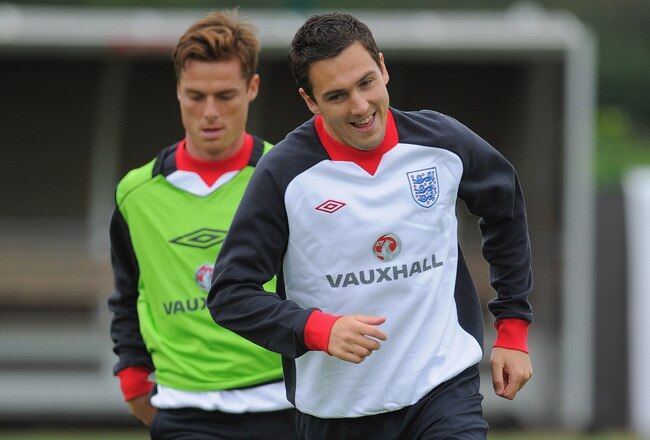 LONDON, ENGLAND - AUGUST 30: Scott Parker and Stewart Downing in action during the England training session ahead of their UEFA EURO 2012 Group G qualifier against Bulgaria at London Colney on August 30, 2011 in London, England.  (Photo by Michael Regan/G