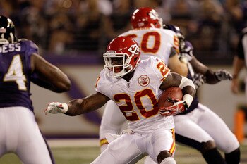 BALTIMORE, MD - AUGUST 19: Thomas Jones #20 of the Kansas City Chiefs carries the ball against the Baltimore Ravens during a preseason game at M&T Bank Stadium on August 19, 2011 in Baltimore, Maryland. The Ravens won 31-13. (Photo by Rob Carr/Getty Image