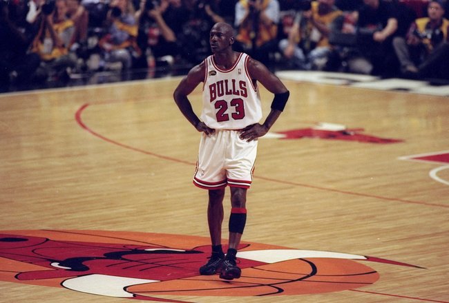 10 Jun 1998:  Michael Jordan #23 of the Chicago Bulls looks on during the NBA Finals Game 4 against the Utah Jazz at the United Center in Chicago, Illinois. The Bulls defeated the Jazz 86-82. Mandatory Credit: Al Bello  /Allsport