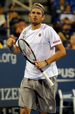 NEW YORK, NY - SEPTEMBER 01:  Mardy Fish of the United States celebrates match point against Malek Jaziri of Tunisia during Day Four of the 2011 US Open at the USTA Billie Jean King National Tennis Center on September 1, 2011 in the Flushing neighborhood