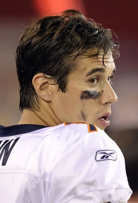 GLENDALE, AZ - SEPTEMBER 01:  Quarterback Brady Quinn #9 of the Denver Broncos stands on the sidelines during the preseason NFL game against the Arizona Cardinals at the University of Phoenix Stadium on September 1, 2011 in Glendale, Arizona. The Cardinal