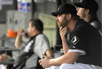 CHICAGO, IL - AUGUST 29:  Adam Dunn #32 of the Chicago White Sox sits in the dugout during the ninth inning against the Minnesota Twins at U.S. Cellular Field on August 29, 2011 in Chicago, Illinois.  (Photo by Brian Kersey/Getty Images)