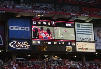GLENDALE, AZ - DECEMBER 27:  General view of Universtity of Phoenix Stadium scoreboard during the NFL game between the Arizona Cardinals and the St. Louis Rams on December 27, 2009 in Glendale, Arizona. The Cardinals defeated the Rams 31-10.  (Photo by Ch