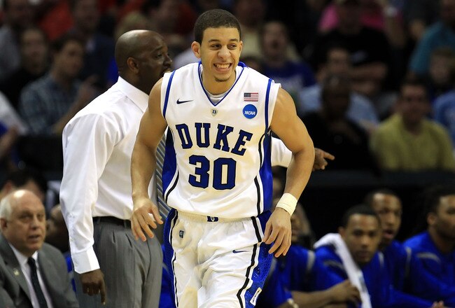 CHARLOTTE, NC - MARCH 18:  Seth Curry #30 of the Duke Blue Devils reacts in the first half while taking on the Hampton Pirates during the second round of the 2011 NCAA men's basketball tournament at Time Warner Cable Arena on March 18, 2011 in Charlotte,