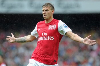 LONDON, ENGLAND - AUGUST 20:  Nicklas Bendtner of Arsenal reacts during the Barclays Premier League match between Arsenal and Liverpool at the Emirates Stadium on August 20, 2011 in London, England.  (Photo by Michael Regan/Getty Images)