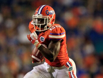 GAINESVILLE, FL - SEPTEMBER 03:  Jeff Demps #28 of the University of Florida Gators runs for yardage during a game against the Florida Atlantic University Owls at Ben Hill Griffin Stadium on September 3, 2011 in Gainesville, Florida.  (Photo by Sam Greenw