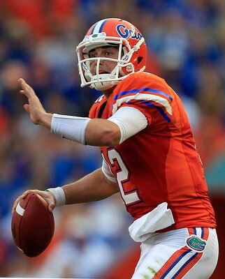 GAINESVILLE, FL - SEPTEMBER 03:  Quarterback John Brantley #12 of the University of Florida Gators attempts a pass during a game against the Florida Atlantic University Owls at Ben Hill Griffin Stadium on September 3, 2011 in Gainesville, Florida.  (Photo