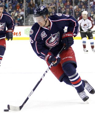 COLUMBUS, OH - FEBRUARY 11:  Anton Stralman #6 of the Columbus Blue Jackets skates with the puck during a game against the Colorado Avalanche on February 11, 2011 at Nationwide Arena in Columbus, Ohio. (Photo by John Grieshop/Getty Images)