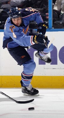 ATLANTA, GA - MARCH 27:  Zach Bogosian #4 of the Atlanta Thrashers skates against the Ottawa Senators at the Philips Arena on March 27, 2011 in Atlanta, Georgia. The Thrashers defeated the 5-4 in the shoot out.  (Photo by Bruce Bennett/Getty Images)