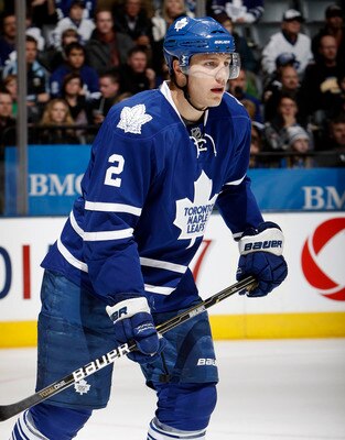 TORONTO, CANADA - FEBRUARY 26: Luke Schenn #2 of the Toronto Maple Leafs skates up the ice during the game against the Pittsburgh Penguins at the Air Canada Centre February 26, 2011 in Toronto, Ontario, Canada. (Photo by Abelimages/Getty Images)