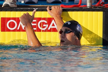 PALO ALTO, CA - AUGUST 06: Matthew Grevers gives a thumbs up after winning the men's 200 meter backstroke finals during the ConocoPhillips USA Swimming National Championships at Stanford University's Avery Aquatic Center on August 6, 2011 in Palo Alto, Ca