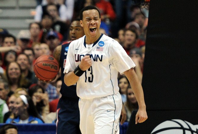 ANAHEIM, CA - MARCH 26:  Shabazz Napier #13 of the Connecticut Huskies reacts after a basket against the Connecticut Huskies during the west regional final of the 2011 NCAA men's basketball tournament at the Honda Center on March 26, 2011 in Anaheim, Cali