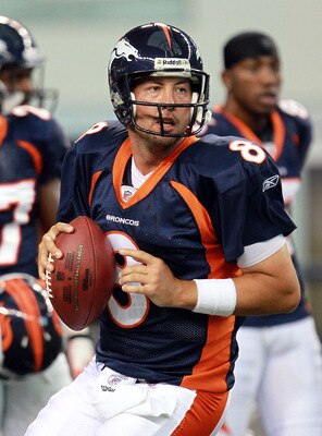 ARLINGTON, TX - AUGUST 11:  Kyle Orton #8 of the Denver Broncos at Cowboys Stadium on August 11, 2011 in Arlington, Texas.  (Photo by Ronald Martinez/Getty Images)