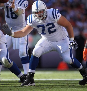 DENVER - SEPTEMBER 26:  Offensive tackle Jeff Linkenbach #72 protects quarterback Peyton Manning #18 of the Indianapolis Colts against the Denver Broncos at INVESCO Field at Mile High on September 26, 2010 in Denver, Colorado. The Colts defeated the Bronc