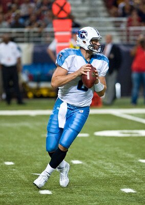 ST. LOUIS, MO - AUGUST 20: Matt Hasselbeck #8 of the Tennessee Titans drops back to pass against the St. Louis Rams at the Edward Jones Dome on August 20, 2011 in St. Louis, Missouri.  (Photo by Ed Szczepanski/Getty Images)