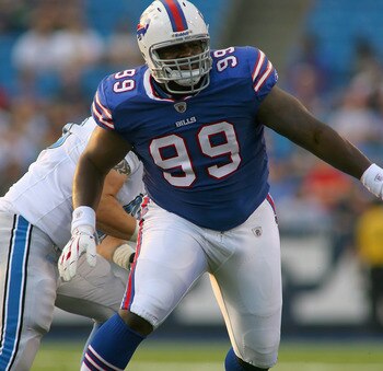 ORCHARD PARK, NY - SEPTEMBER 01: Marcell Dareus #99 of the Buffalo Bills defends against the Detroit Lions  at Ralph Wilson Stadium on September 1, 2011 in Orchard Park, New York.  (Photo by Rick Stewart/Getty Images)