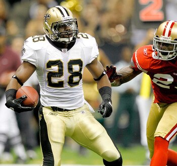 NEW ORLEANS, LA - AUGUST 12: Mark Ingram #28 of the New Orleans Saints scores a touchdown against the San Francisco 49ers during their pre season game at Louisiana Superdome on August 12, 2011 in New Orleans, Louisiana.  (Photo by Sean Gardner/Getty Image