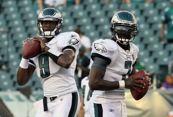 PHILADELPHIA, PA - AUGUST 11:  Vince Young #9 and Michael Vick #7 of the Philadelphia Eagles warm up before playing against the Baltimore Ravens during their pre season game on August 11, 2011 at Lincoln Financial Field in Philadelphia, Pennsylvania.  (Ph