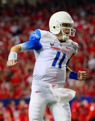 ATLANTA, GA - SEPTEMBER 03:  Kellen Moore #11 of the Boise State Broncos reacts after a touchdown against the Georgia Bulldogs at Georgia Dome on September 3, 2011 in Atlanta, Georgia.  (Photo by Kevin C. Cox/Getty Images)