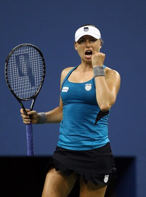 NEW YORK, NY - SEPTEMBER 04:  Vera Zvonareva of Russia celebrates defeating Sabine lasicki of Germany during Day Seven of the 2011 US Open at the USTA Billie Jean King National Tennis Center on September 4, 2011 in the Flushing neighborhood of the Queens