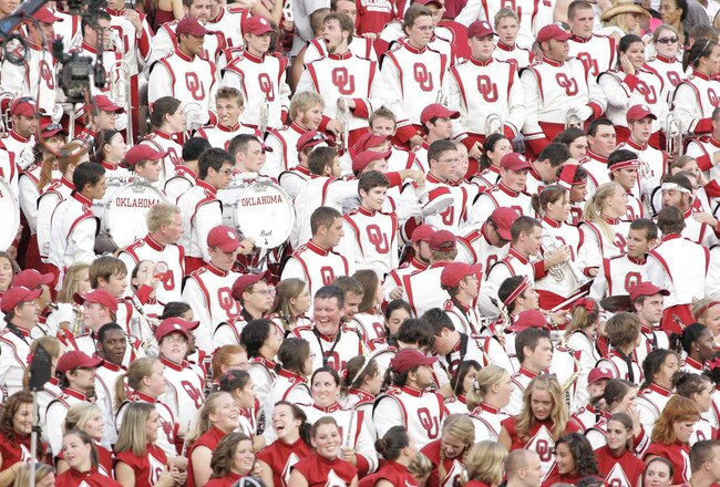 NORMAN, OK - SEPTEMBER 03:   The Oklahoma University marching band watches during the first half of the game against the Tulsa Hurricanes September 3, 2011 at Gaylord Family-Oklahoma Memorial Stadium in Norman, Oklahoma.  Oklahoma defeated Tulsa 47-14.  (