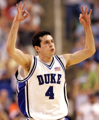 GREENSBORO, NC - MARCH 12:  J.J. Redick #4 of the Duke Blue Devils reacts after making a three-point basket against the Boston College Eagles during the finals of the Atlantic Coast Conference Men's Basketball Tournament on March 12, 2006 at the Greensbor