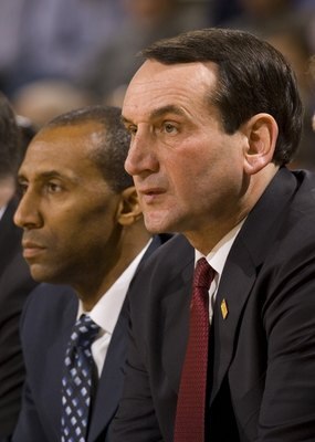 ATLANTA - JANUARY 10:  (L-R): Director of Basketball Operations Mike Schrage, assistant coach Johnny Dawkins, head coach Mike Krzyzewski and assistant coaches Steve Wojciechowski and Chris Collins of the Duke Blue Devils watch play from the bench during t