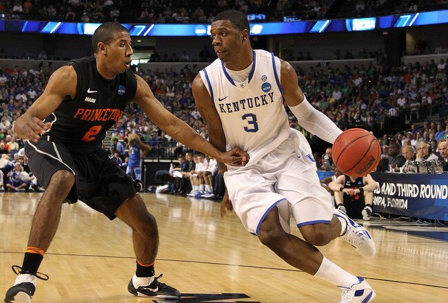 TAMPA, FL - MARCH 17:  Terrence Jones #3 of the Kentucky Wildcats drives against Kareem Maddox #2 of the Princeton Tigers during the second round of the 2011 NCAA men's basketball tournament at St. Pete Times Forum on March 17, 2011 in Tampa, Florida.  (P