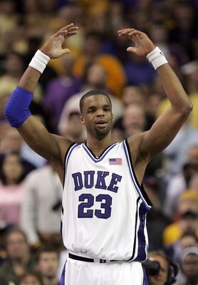 ATLANTA - MARCH 23:  Shelden Williams #23 of the Duke Blue Devils throws his hands up in reaction to a call during third round game of the 2006 NCAA Division I Men's Basketball Tournament Regional against the LSU Tigers at the Georgia Dome on March 23, 20