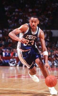 30 JAN 1993:  DUKE FORWARD GRANT HILL DRIVES TO THE HOLE THROUGH THE LANE DURING THE BLUE DEVILS GAME AT THE MARYLAND TERRAPINS. Mandatory Credit: Doug Pensinger/ALLSPORT