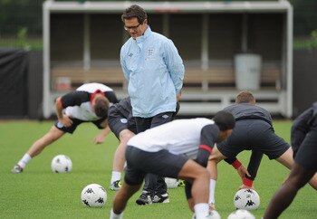 LONDON, ENGLAND - AUGUST 30:  England manager Fabio Capello looks on during the England training session ahead of their UEFA EURO 2012 Group G qualifier against Bulgaria at London Colney on August 30, 2011 in London, England.  (Photo by Michael Regan/Gett