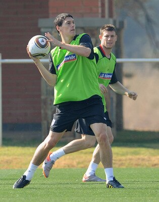 RUSTENBURG, SOUTH AFRICA - JUNE 26: Gareth Barry and James Milner in action during the England training session at the  Royal Bafokeng Sports Campus on June 26, 2010 in Rustenburg, South Africa.  (Photo by Michael Regan/Getty Images)