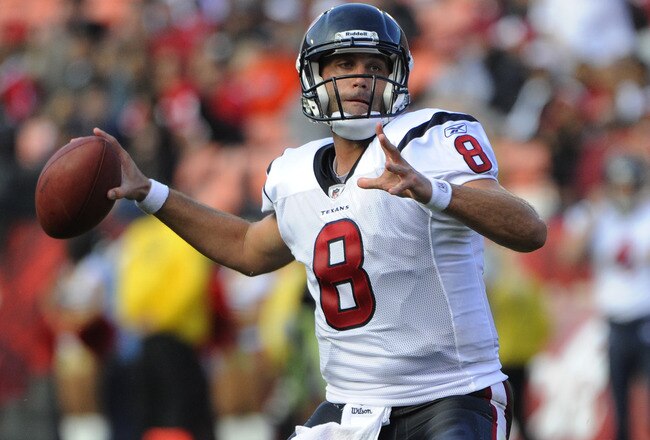 SAN FRANCISCO - AUGUST 27: Matt Schaub #8 of the Houston Texans drops back to pass against the San Francisco 49ers during an NFL pre-season football game at Candlestick Park August 27, 2011 in San Francisco, California. (Photo by Thearon W. Henderson/Gett