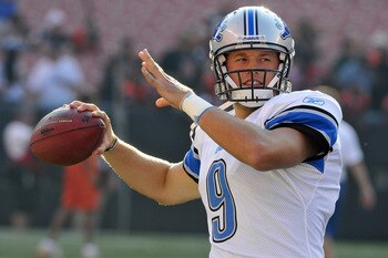 CLEVELAND, OH - AUGUST 19: Starting quarterback Matthew Stafford #9 of the Detroit Lions warms up prior to the game between the Cleveland Browns and the Detroit Lions at Cleveland Browns Stadium on August 19, 2011 in Cleveland, Ohio. (Photo by Jason Mille