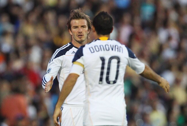 NEWCASTLE, AUSTRALIA - NOVEMBER 27:  David Beckham of the Galaxy congratulates Landon Donovan of the Galaxy after he scored a goal during the friendly match between the Newcastle Jets and the LA Galaxy at EnergyAustralia Stadium on November 27, 2010 in Ne