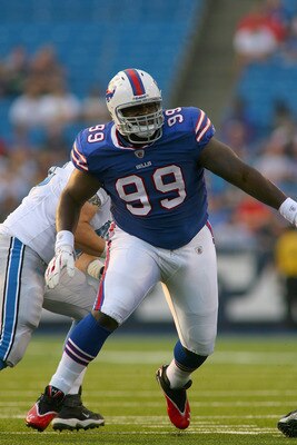 ORCHARD PARK, NY - SEPTEMBER 01: Marcell Dareus #99 of the Buffalo Bills defends against the Detroit Lions  at Ralph Wilson Stadium on September 1, 2011 in Orchard Park, New York.  (Photo by Rick Stewart/Getty Images)