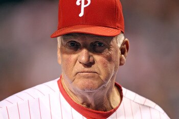 PHILADELPHIA - AUGUST 13: Manager Charlie Manuel #41 of the Philadelphia Phillies walks off the field after a game against the Washington Nationals at Citizens Bank Park on August 13, 2011 in Philadelphia, Pennsylvania. The Phillies won 11-3. (Photo by Hu