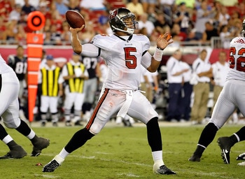 TAMPA, FL - AUGUST 18:  Quarterback Josh Freeman #5 of the Tampa Bay Buccaneers throws a pass against the New England Patriots during a preseason game at Raymond James Stadium on August 18, 2011 in Tampa, Florida.  (Photo by J. Meric/Getty Images)