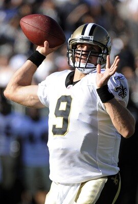 OAKLAND, CA - AUGUST 28:  Drew Brees #9 of the New Orleans Saints throws a pass against the Oakland Raiders in the first quarter during an NFL pre-season football game at the O.co Coliseum August 28, 2011 in Oakland, California. (Photo by Thearon W. Hende