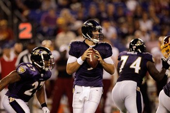 BALTIMORE, MD - AUGUST 25:  Quarterback Joe Flacco #5 of the Baltimore Ravens drops back to pass against the Washington Redskins during a preseason game at M&T Bank Stadium on August 25, 2011 in Baltimore, Maryland.  (Photo by Rob Carr/Getty Images)