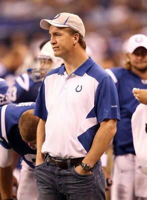INDIANAPOLIS, IN - AUGUST 19: Peyton Manning of the Indianapolis Colts watches the action during the game against the Washington Redskins at Lucas Oil Stadium on August 19, 2011 in Indianapolis, Indiana.  (Photo by Andy Lyons/Getty Images)