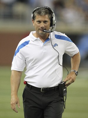 DETROIT - AUGUST 12: Detroit Lions head coach Jim Schwartz watches the action during the game against the Cincinnati Bengals at Ford Field on August 12, 2011 in Detroit, Michigan.  (Photo by Leon Halip/Getty Images)