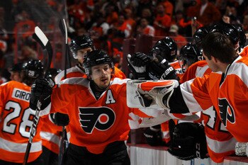 PHILADELPHIA, PA - APRIL 22:  Danny Briere #48 of the Philadelphia Flyers celebrates with teammates after scoring against the Buffalo Sabres in the third period of Game Five of the Eastern Conference Quarterfinals during the 2011 NHL Stanley Cup Playoffs 