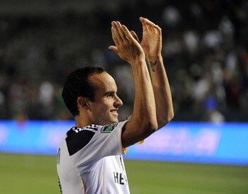 CARSON, CA - AUGUST 20: Landon Donovan #10 of the Los Angeles Galaxy reacts to a 2-0 win over the San Jose Earthquakes at The Home Depot Center on August 20, 2011 in Carson, California.  (Photo by Harry How/Getty Images)