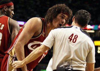 BOSTON - FEBRUARY 25:  Anderson Varejao #17 of the Cleveland Cavaliers argues a call with referee Scott Foster #48 in the second half against the Boston Celtics at the TD Garden on February 25, 2010 in Boston, Massachusetts. The Cavaliers defeated the Cel